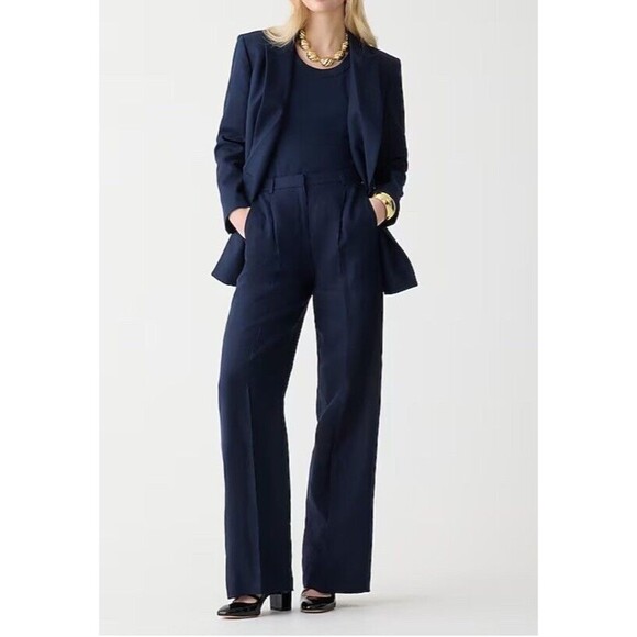 J Crew Pants Womens Linen Blend High Rise Wide Leg Trouser Pants Navy Blue - Picture 1 of 15